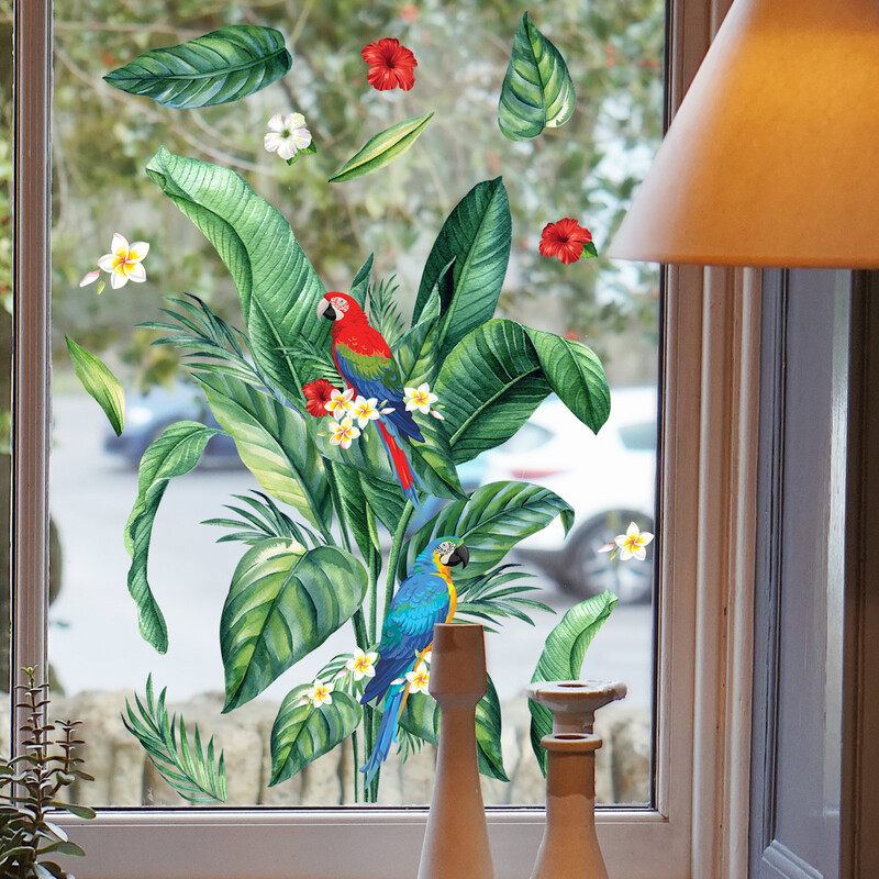 Autocolante de perete cu frunze de plante tropicale Pădure tropicală nordică Plante verzi Decal pentru fereastră Mural DIY pentru decorarea camerei copiilor