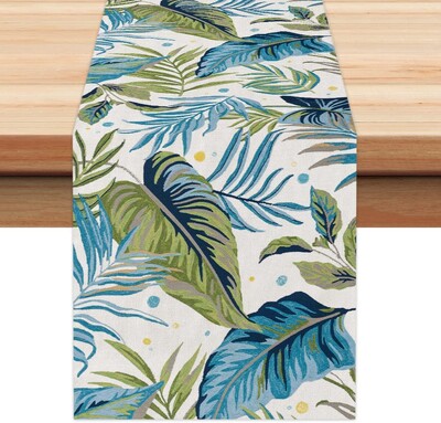 Vasaros mėlyni lapai Lininiai stalo bėgikai Šventinių vakarėlių papuošimai Daugkartiniai plaunami valgomojo stalo bėgikai Virtuvės stalo dekorai