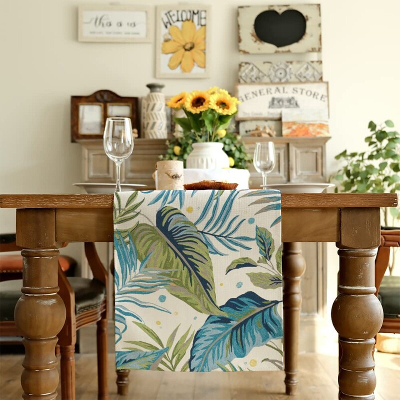 Vasaros mėlyni lapai Lininiai stalo bėgikai Šventinių vakarėlių papuošimai Daugkartiniai plaunami valgomojo stalo bėgikai Virtuvės stalo dekorai