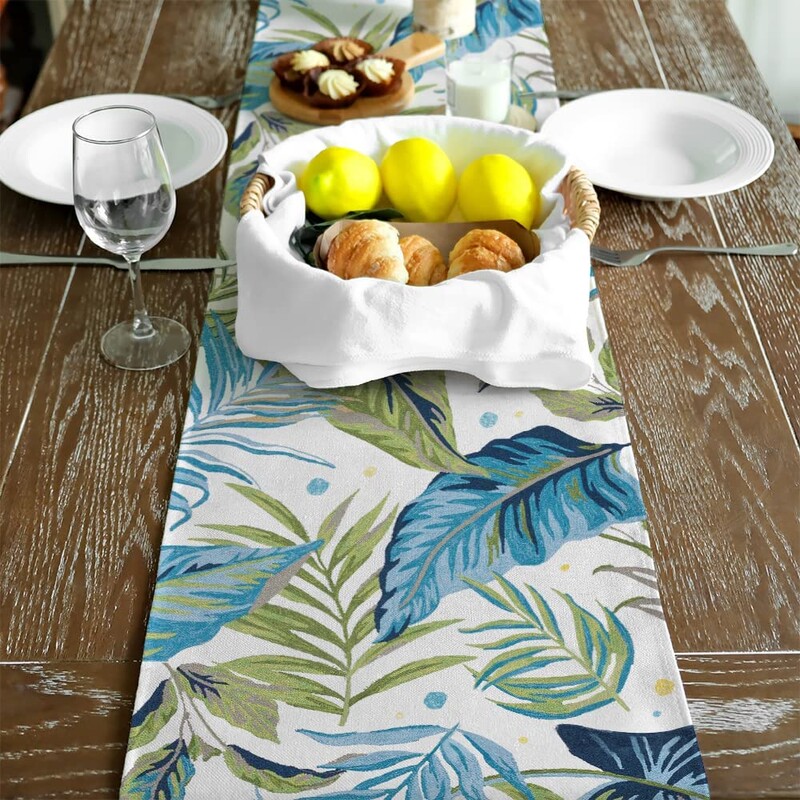 Vasaros mėlyni lapai Lininiai stalo bėgikai Šventinių vakarėlių papuošimai Daugkartiniai plaunami valgomojo stalo bėgikai Virtuvės stalo dekorai