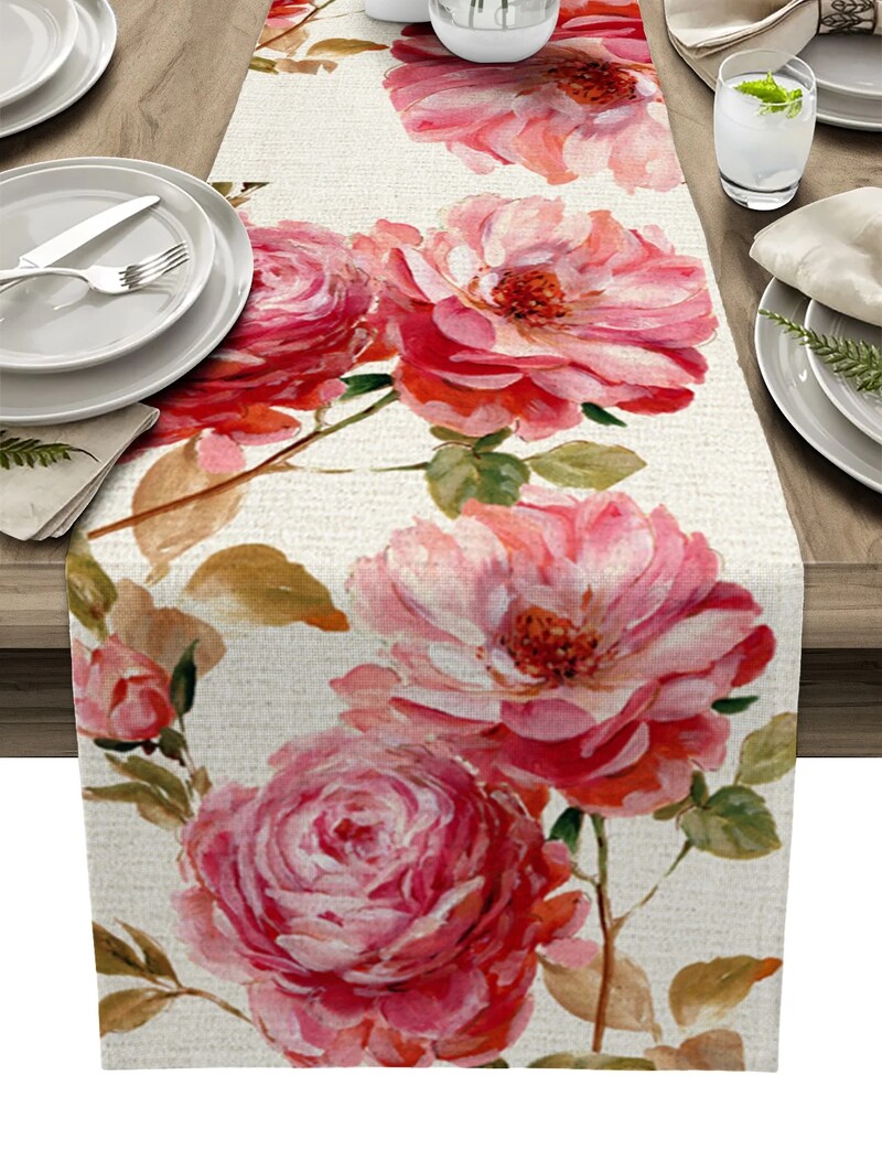 Senovinės gėlės Tulpės Aliejinė tapyba Lininiai stalo bėgikai Sodyba Šventės Vestuvių vakarėlio dekoras Plaunamas virtuvės valgomojo stalo dekoras