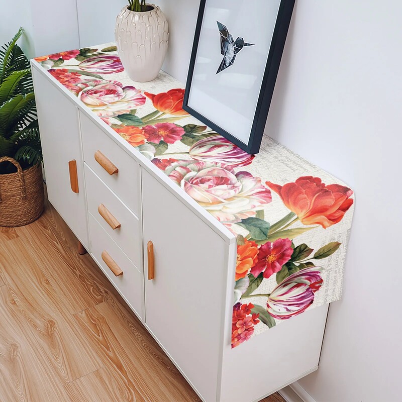 Senovinės gėlės Tulpės Aliejinė tapyba Lininiai stalo bėgikai Sodyba Šventės Vestuvių vakarėlio dekoras Plaunamas virtuvės valgomojo stalo dekoras