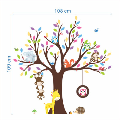 Cadouri colorate pentru copaci fericit Animal de pădure, maimuță, girafă, bufnițe, autocolant de perete camera de zi, autocolante murale pentru copii, autocolante de artă