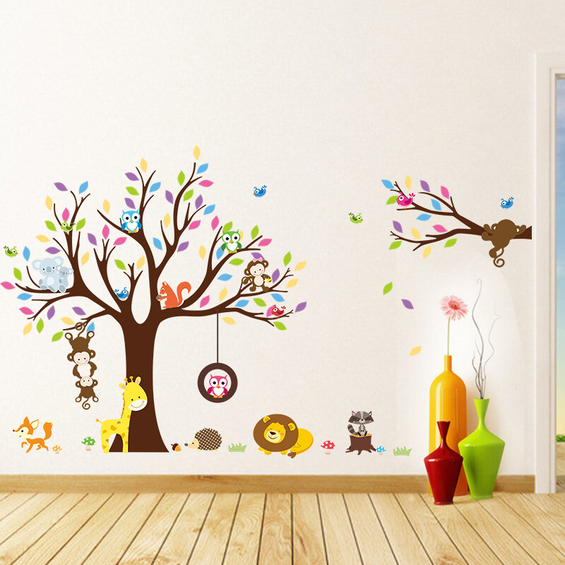 Cadouri colorate pentru copaci fericit Animal de pădure, maimuță, girafă, bufnițe, autocolant de perete camera de zi, autocolante murale pentru copii, autocolante de artă