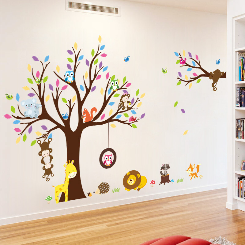 Cadouri colorate pentru copaci fericit Animal de pădure, maimuță, girafă, bufnițe, autocolant de perete camera de zi, autocolante murale pentru copii, autocolante de artă