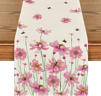 Purple Flowers Daisy Bees Spring Table Runner, Εποχιακή εορταστική διακόσμηση τραπεζαρίας κουζίνας για πάρτι σπιτιού εσωτερικού χώρου