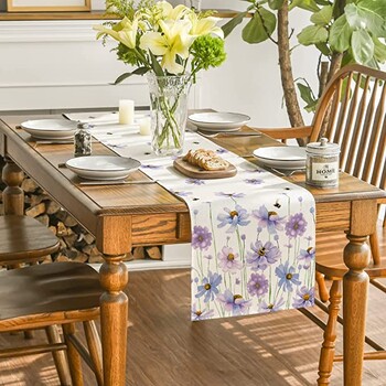 Purple Flowers Daisy Bees Spring Table Runner, Εποχιακή εορταστική διακόσμηση τραπεζαρίας κουζίνας για πάρτι σπιτιού εσωτερικού χώρου