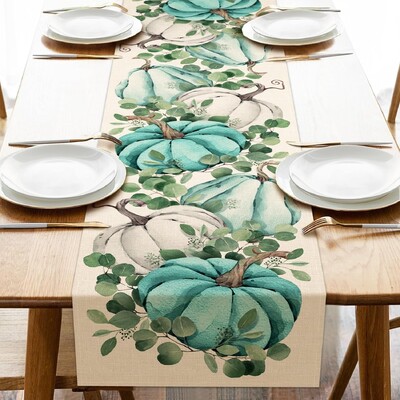 Φθινόπωρο των Ευχαριστιών Φύλλο κολοκύθας Ευκάλυπτος Llinen Τραπέζι Runner Φθινοπωρινή ακουαρέλα Μπλε τσίρι Φουλάρι κομοδίνας Διακοσμητικό πάρτι κουζίνας σπιτιού