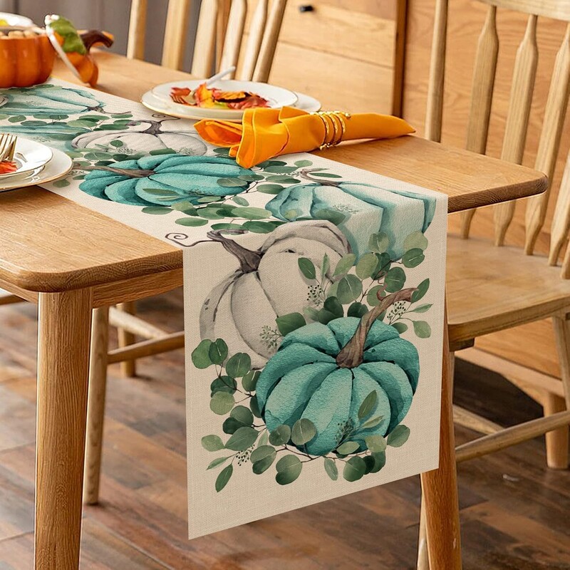 Φθινόπωρο των Ευχαριστιών Φύλλο κολοκύθας Ευκάλυπτος Llinen Τραπέζι Runner Φθινοπωρινή ακουαρέλα Μπλε τσίρι Φουλάρι κομοδίνας Διακοσμητικό πάρτι κουζίνας σπιτιού