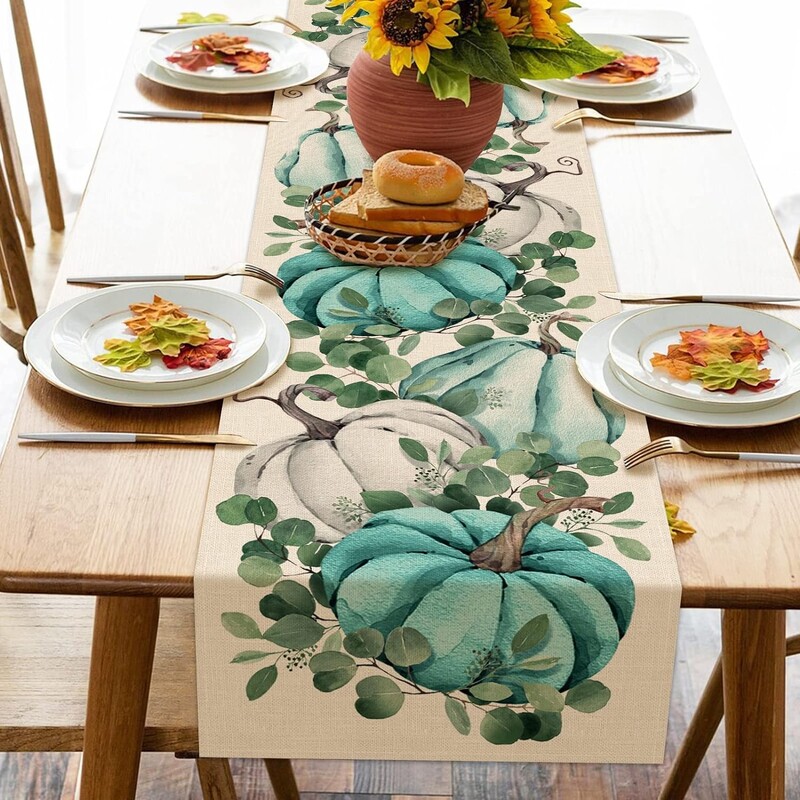 Φθινόπωρο των Ευχαριστιών Φύλλο κολοκύθας Ευκάλυπτος Llinen Τραπέζι Runner Φθινοπωρινή ακουαρέλα Μπλε τσίρι Φουλάρι κομοδίνας Διακοσμητικό πάρτι κουζίνας σπιτιού