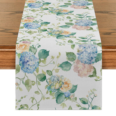 Τραπέζι με ακουαρέλα λουλούδια ορτανσία Τραπέζι δρομέας πολυεστέρα για τραπεζαρία Cottagecore Πολυεστερικό τραπέζι
