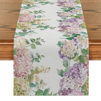 Τραπέζι με ακουαρέλα λουλούδια ορτανσία Τραπέζι δρομέας πολυεστέρα για τραπεζαρία Cottagecore Πολυεστερικό τραπέζι