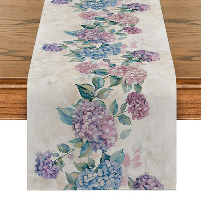 Τραπέζι με ακουαρέλα λουλούδια ορτανσία Τραπέζι δρομέας πολυεστέρα για τραπεζαρία Cottagecore Πολυεστερικό τραπέζι