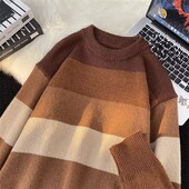 Dryžuotas korėjietiško stiliaus rudens/žiemos amerikietiško stiliaus laisvo kirpimo, madingas, apvaliu kaklu, universalus senovinis moteriškas megztinis, šiltas megztas viršus