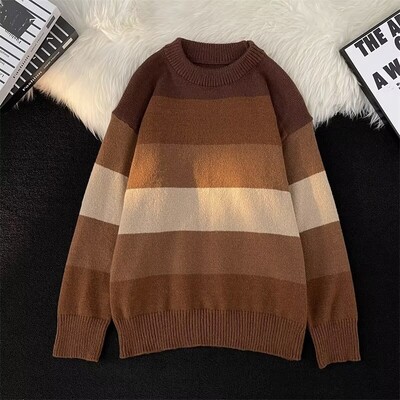 Dryžuotas korėjietiško stiliaus rudens/žiemos amerikietiško stiliaus laisvo kirpimo, madingas, apvaliu kaklu, universalus senovinis moteriškas megztinis, šiltas megztas viršus