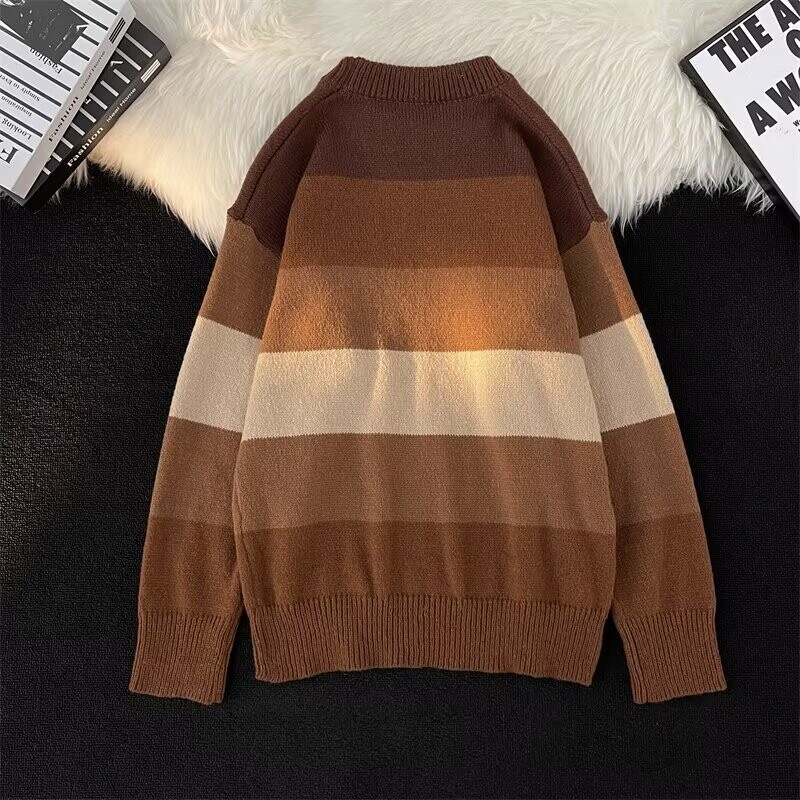 Dryžuotas korėjietiško stiliaus rudens/žiemos amerikietiško stiliaus laisvo kirpimo, madingas, apvaliu kaklu, universalus senovinis moteriškas megztinis, šiltas megztas viršus