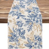 Vintage Μπλε Χρυσό Λουλούδι Φύλλα Λινό Τραπέζι Διακόσμηση Γάμου Επαναχρησιμοποιήσιμη Τραπεζαρία Τραπεζαρίας Αγροικίας Κουζίνα Runner Διακόσμηση πάρτι