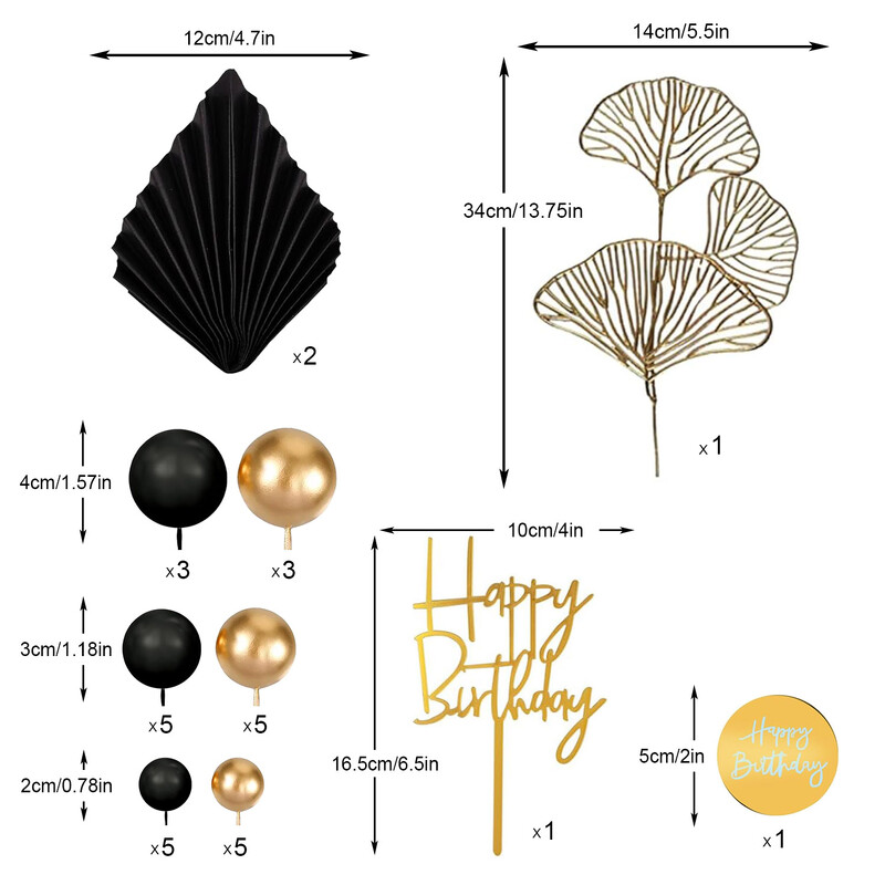 Tortų tvarsčiai su gimtadieniu Torto tvarsčiai juodo aukso rutuliukai Tortų papuošimai gimtadienio vestuvėms Kūdikių vakarėlio vakarėlio puošmena