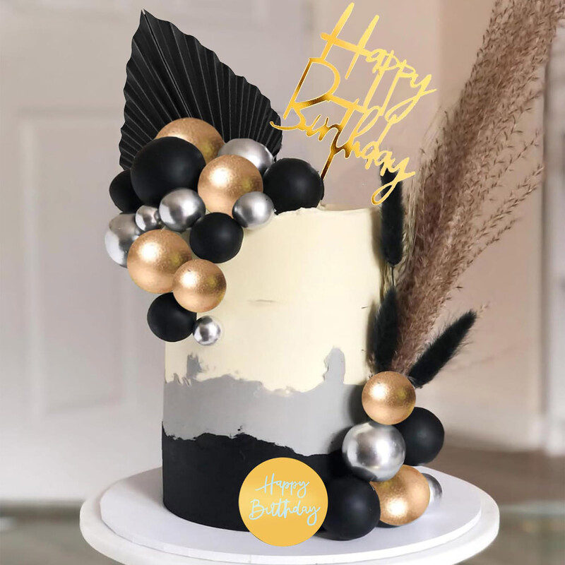 Tortų tvarsčiai su gimtadieniu Torto tvarsčiai juodo aukso rutuliukai Tortų papuošimai gimtadienio vestuvėms Kūdikių vakarėlio vakarėlio puošmena
