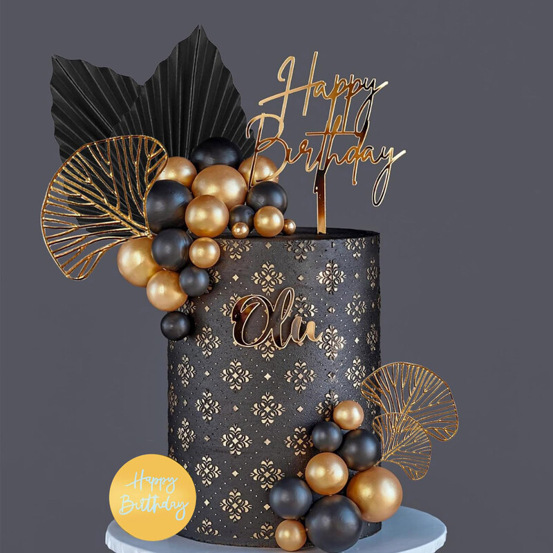 Tortų tvarsčiai su gimtadieniu Torto tvarsčiai juodo aukso rutuliukai Tortų papuošimai gimtadienio vestuvėms Kūdikių vakarėlio vakarėlio puošmena