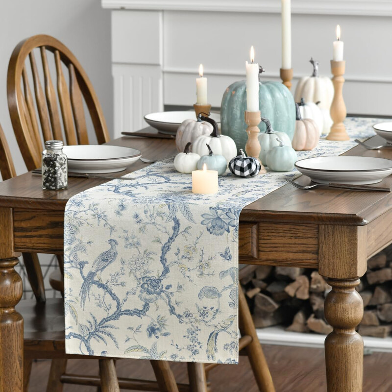 Chinoiserie Peacock Flower Lenen Table Running Dresser Scarf Decor Farmhouse Kitchen Dining Table Runner Празнично парти Декорация