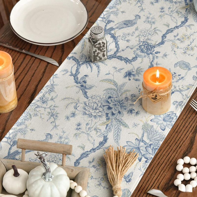 Chinoiserie Peacock Flower Lenen Table Running Dresser Scarf Decor Farmhouse Kitchen Dining Table Runner Празнично парти Декорация