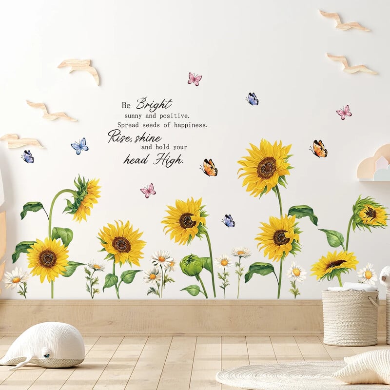 Akvarelė saulėgrąžų drugelių sienų lipdukas Gėlių dizainas Vaikų kambario dekoras Namų apdaila miegamojo vaikams Svetainė