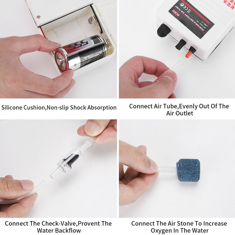 Pārnēsājams skābekļa sūknis zivju tvertņu akvārijs āra makšķerēšanas piederumi Zems trokšņa līmenis Ērti lietojams Strāvas padeves pārtraukumu novēršana Rezerves skābekļa sūknis