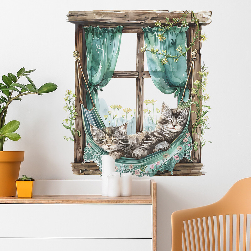 2gab radošās viltus loga multfilmas kaķēns guļ bērnu guļamistabas mājas izdaiļošanai sienas uzlīmes