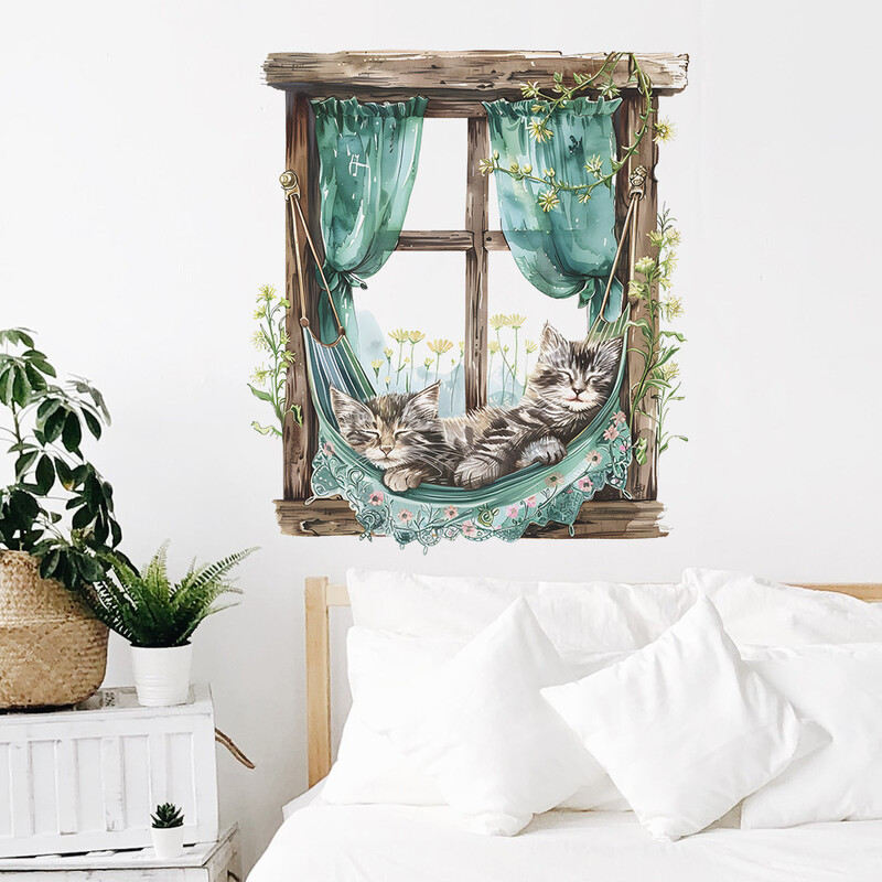 2gab radošās viltus loga multfilmas kaķēns guļ bērnu guļamistabas mājas izdaiļošanai sienas uzlīmes