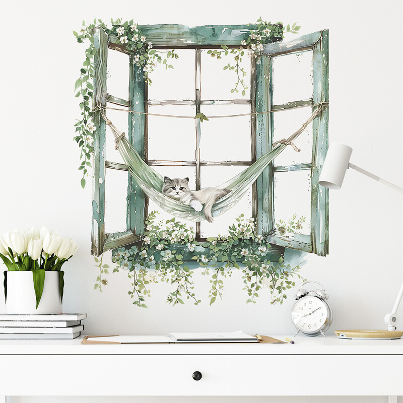 2gab radošās viltus loga multfilmas kaķēns guļ bērnu guļamistabas mājas izdaiļošanai sienas uzlīmes