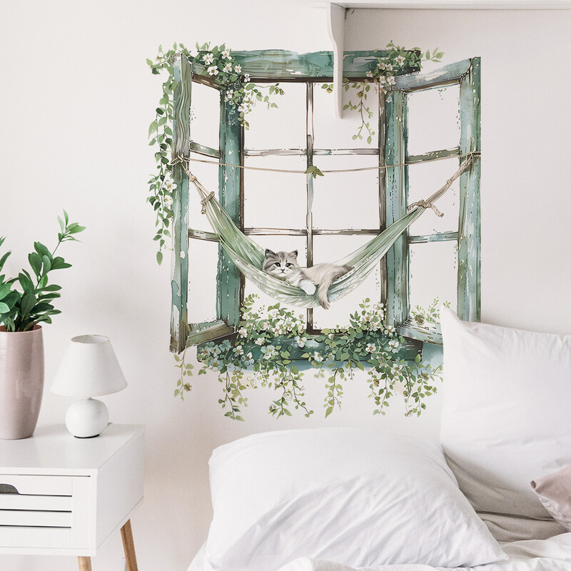 2gab radošās viltus loga multfilmas kaķēns guļ bērnu guļamistabas mājas izdaiļošanai sienas uzlīmes