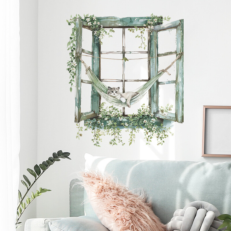 2gab radošās viltus loga multfilmas kaķēns guļ bērnu guļamistabas mājas izdaiļošanai sienas uzlīmes