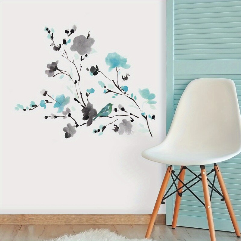 Ακουαρέλα μελάνι Ζωγραφική με μπλε λουλούδι Αυτοκόλλητα τοίχου με κλαδί πουλί αφαιρούμενα για Διακόσμηση πόρτας σαλονιού υπνοδωματίου Αυτοκόλλητα τοίχου
