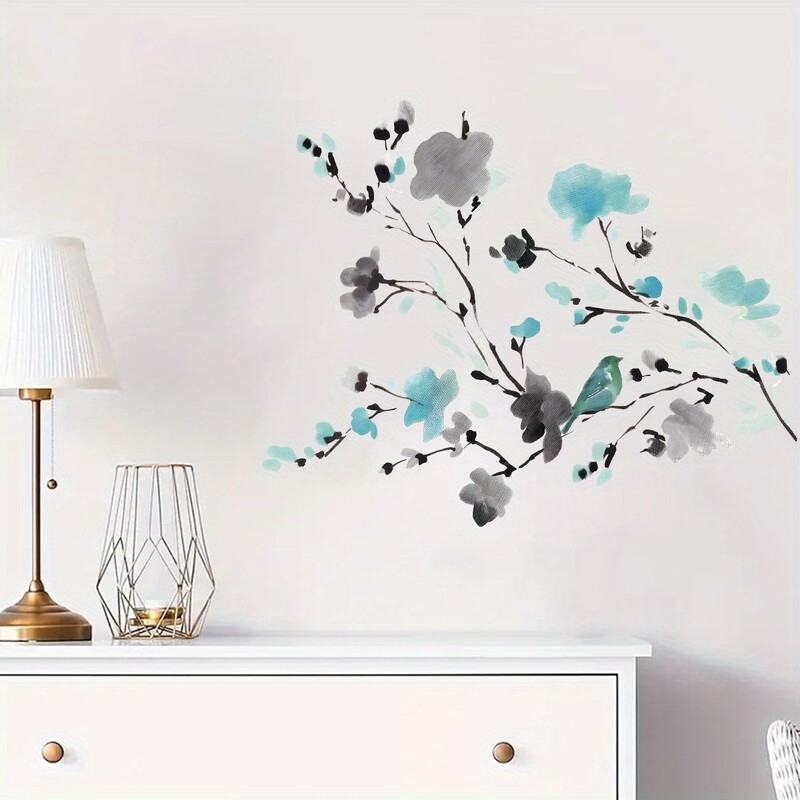 Ακουαρέλα μελάνι Ζωγραφική με μπλε λουλούδι Αυτοκόλλητα τοίχου με κλαδί πουλί αφαιρούμενα για Διακόσμηση πόρτας σαλονιού υπνοδωματίου Αυτοκόλλητα τοίχου