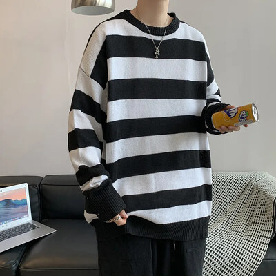 M82pexrozna Trendy prugasti džemper s okruglim izrezom za muškarce, pleteni pulover, gornji dio ležernog stila, korejska verzija Cool studentske linije