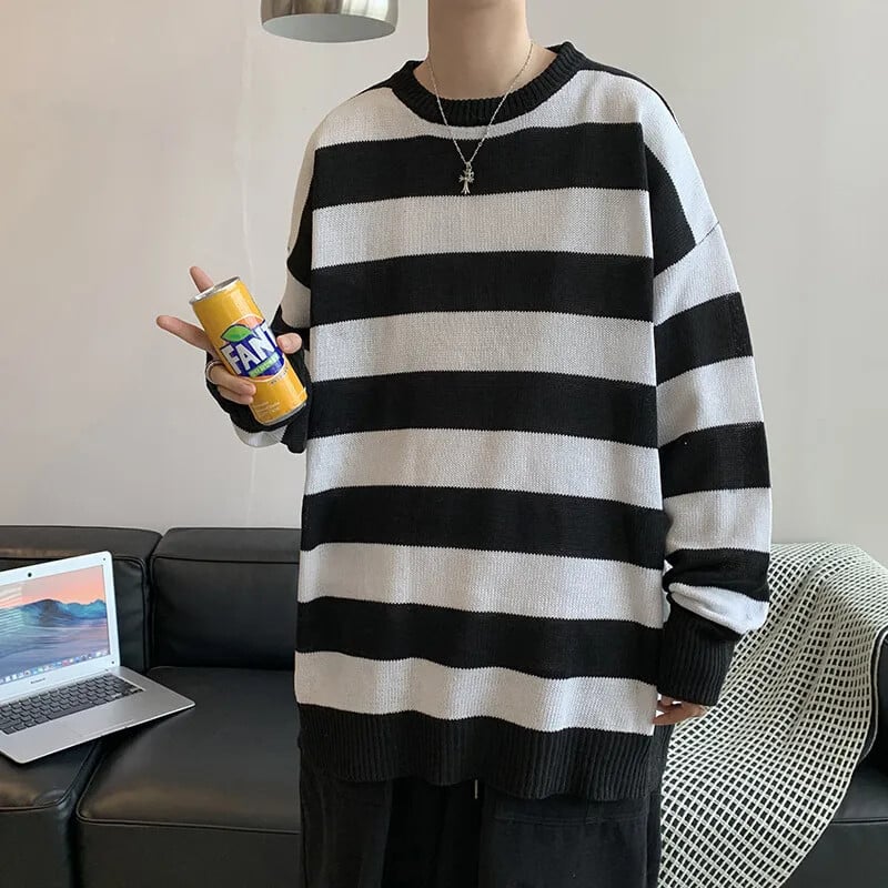 M82pexrozna Trendy prugasti džemper s okruglim izrezom za muškarce, pleteni pulover, gornji dio ležernog stila, korejska verzija Cool studentske linije