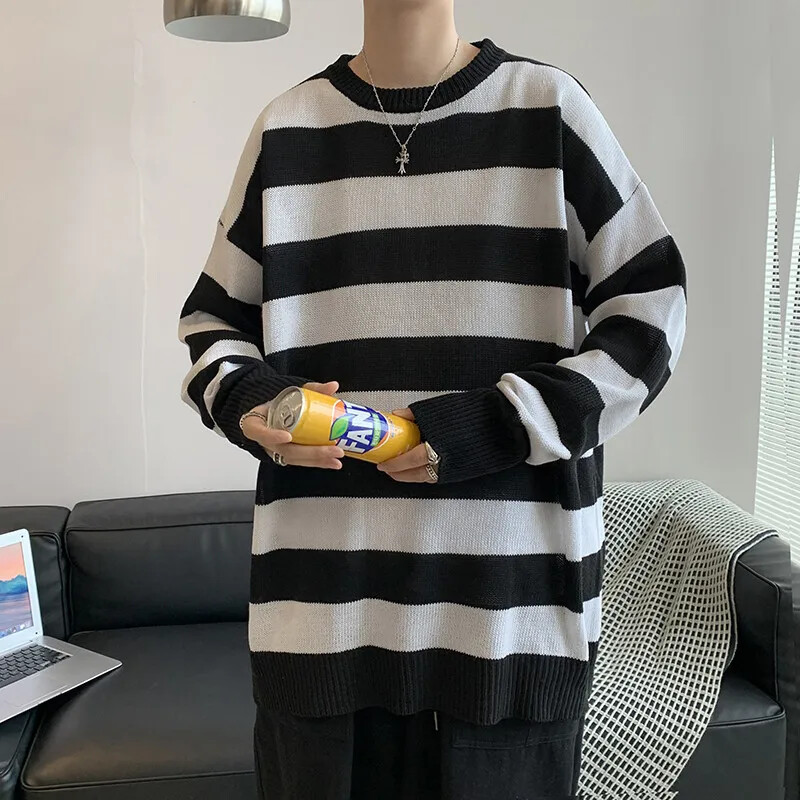 M82pexrozna Trendy prugasti džemper s okruglim izrezom za muškarce, pleteni pulover, gornji dio ležernog stila, korejska verzija Cool studentske linije