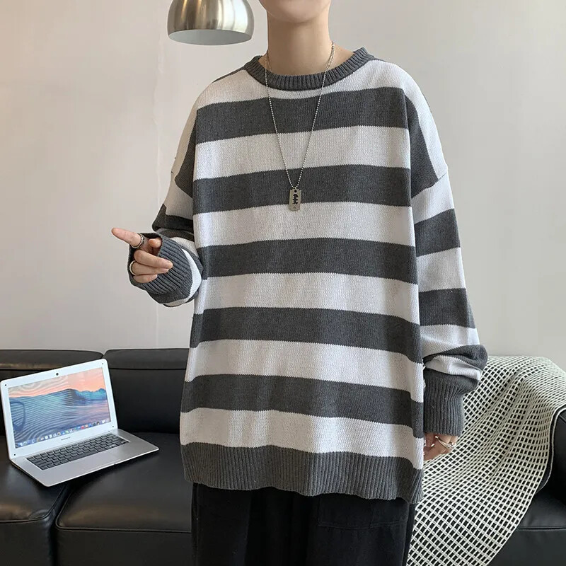 M82pexrozna Trendy prugasti džemper s okruglim izrezom za muškarce, pleteni pulover, gornji dio ležernog stila, korejska verzija Cool studentske linije