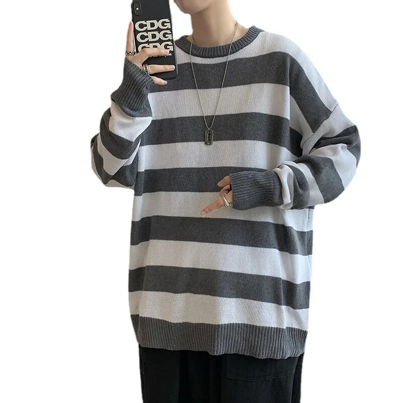 M82pexrozna Trendy prugasti džemper s okruglim izrezom za muškarce, pleteni pulover, gornji dio ležernog stila, korejska verzija Cool studentske linije