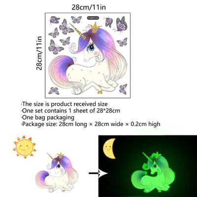 28*28cm Nástenné nálepky s kresleným jednorožcom a motýľom, svietiace detské izby, obývacia izba, spálňa, dekorácia, PVC nástenná nálepka