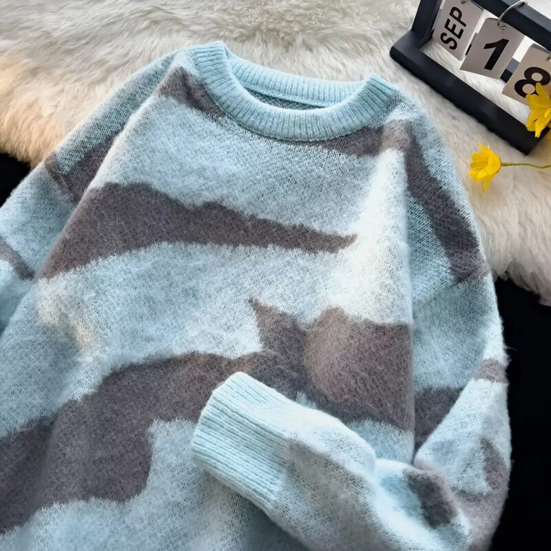 Jesenný/zimný nový trendy pánsky plyšový sveter s okrúhlym výstrihom a jeleňmi, všestranný pruhovaný vzor s oblakmi, cezhraničný štýl
