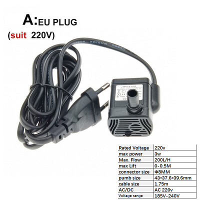 Ultra-tiha mini AC bez četkica DC 220v 12V USB fontana Vodena pumpa Potopna 200-400L/H Podizanje Akvarij Cirkulacijski akvarij