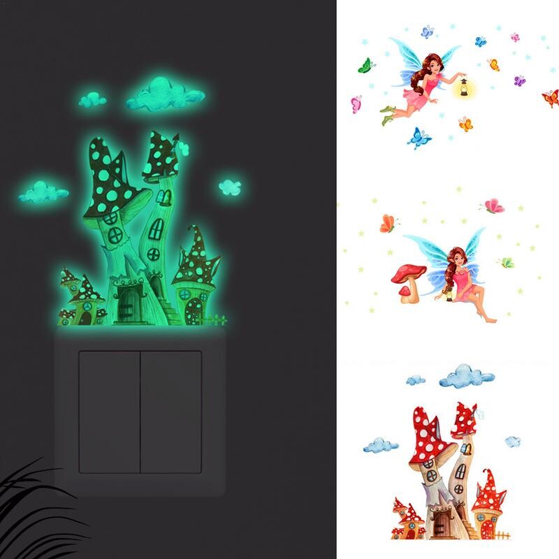 Glow In The Dark matricák falhoz Ragyogó tündér fali matricák Fairy Beauty Glow Gomba matricák Puha világos rajzfilm lányoknak