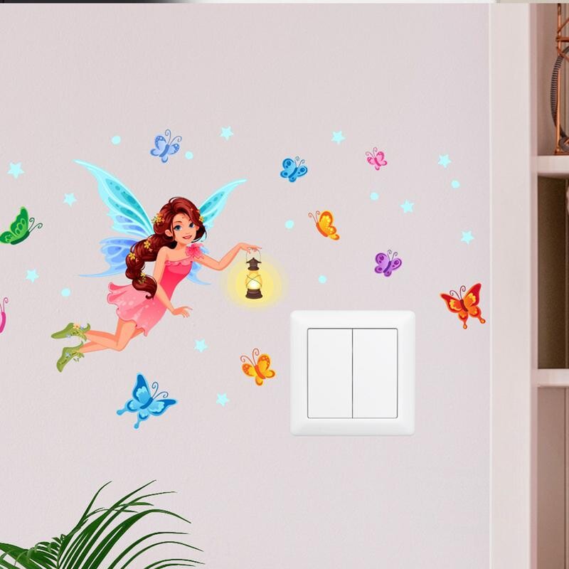 Glow In The Dark matricák falhoz Ragyogó tündér fali matricák Fairy Beauty Glow Gomba matricák Puha világos rajzfilm lányoknak