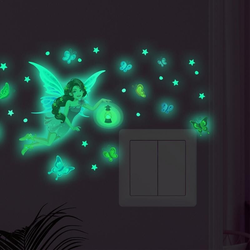 Glow In The Dark matricák falhoz Ragyogó tündér fali matricák Fairy Beauty Glow Gomba matricák Puha világos rajzfilm lányoknak