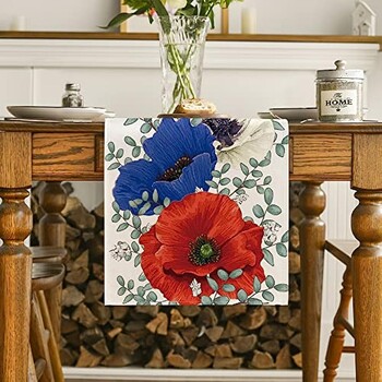 Poppy Flowers Eucalyptus Summer Table Runner Τραπεζομάντιλο τραπεζαρίας κουζίνας Άνοιξη Τραπεζομάντιλο Διακόσμηση σπιτιού Διακόσμηση γαμήλιου πάρτι