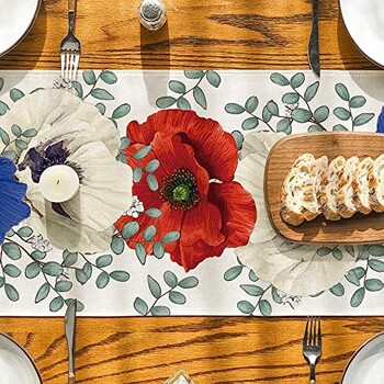 Poppy Flowers Eucalyptus Summer Table Runner Τραπεζομάντιλο τραπεζαρίας κουζίνας Άνοιξη Τραπεζομάντιλο Διακόσμηση σπιτιού Διακόσμηση γαμήλιου πάρτι