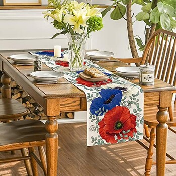 Poppy Flowers Eucalyptus Summer Table Runner Τραπεζομάντιλο τραπεζαρίας κουζίνας Άνοιξη Τραπεζομάντιλο Διακόσμηση σπιτιού Διακόσμηση γαμήλιου πάρτι