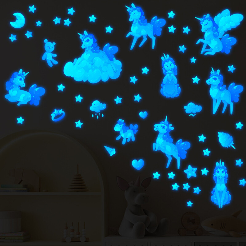 Αυτοκόλλητα τοίχου Φωτεινά Μονόκερος κινουμένων σχεδίων για παιδικά δωμάτια Διακόσμηση οροφής σπιτιού Αυτοκόλλητα τοίχου Φθορίζοντα αστέρια που λάμπουν στο σκοτάδι
